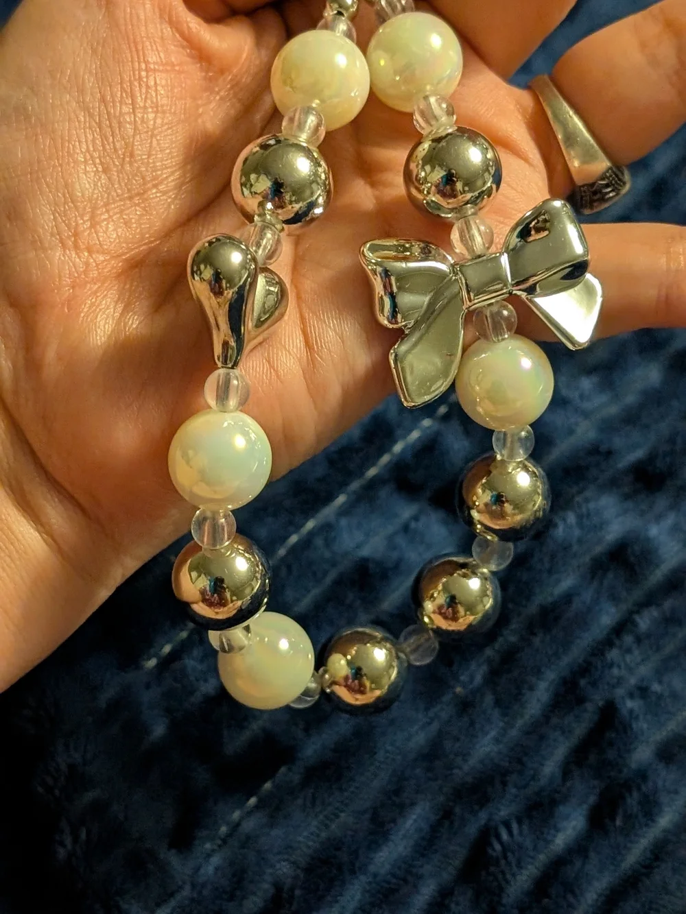Silver Beaded Womens Phone Charm  with Bow and Heart